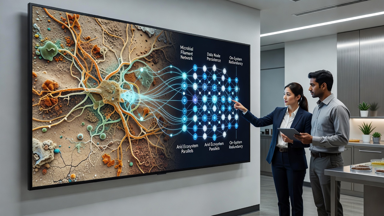Comparison diagram showing microbial biofilm structures alongside distributed data node diagrams