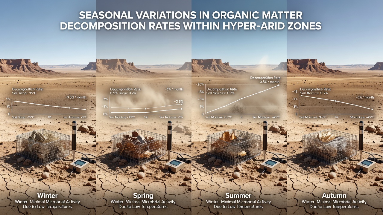 Close-up of desert soil profile revealing layered organic matter and microbial activity zones